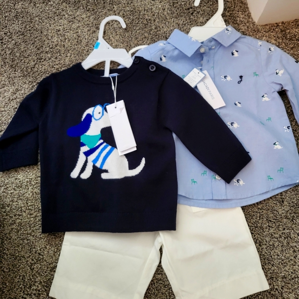 Jacadi Paris three piece outfit: Instaria sweater, button down & white shorts